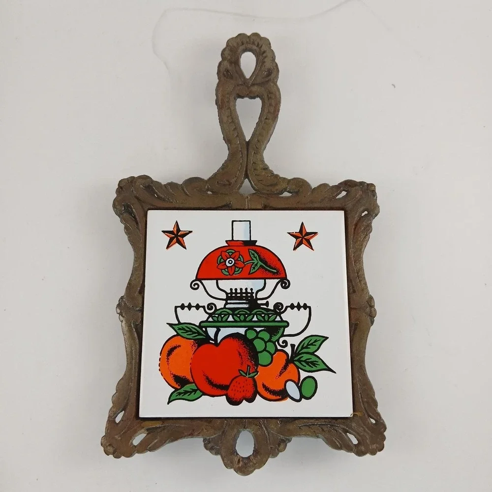Fruit Lamp Trivet Cast Iron Ceramic Tile Hot‎ Pad Spoon Rest Taiwan Vintage MCM